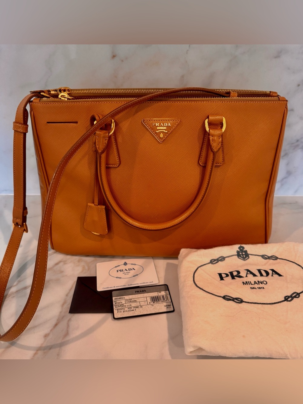 Authentic Prada Saffiano Lux tote handbag in Caramel, similar to Galleria tote